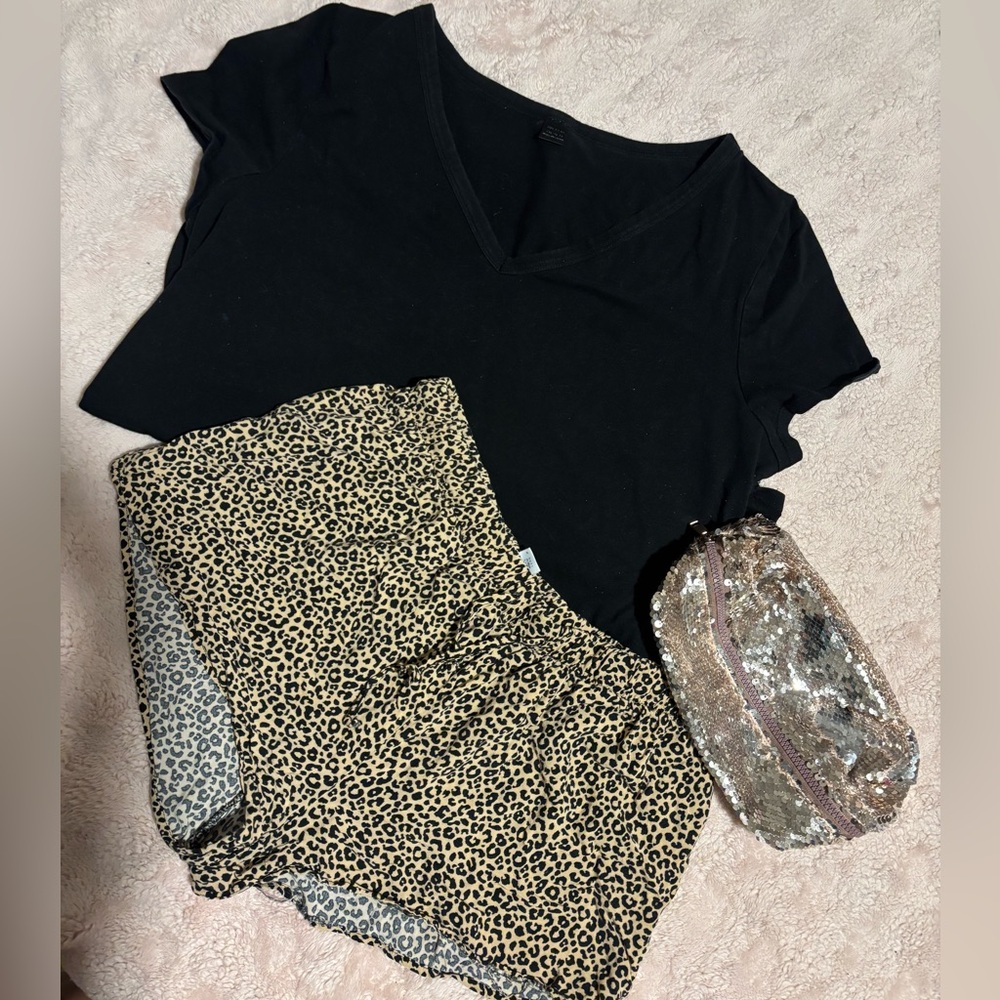 Black V-Neck Tee with Leopard Print Shorts